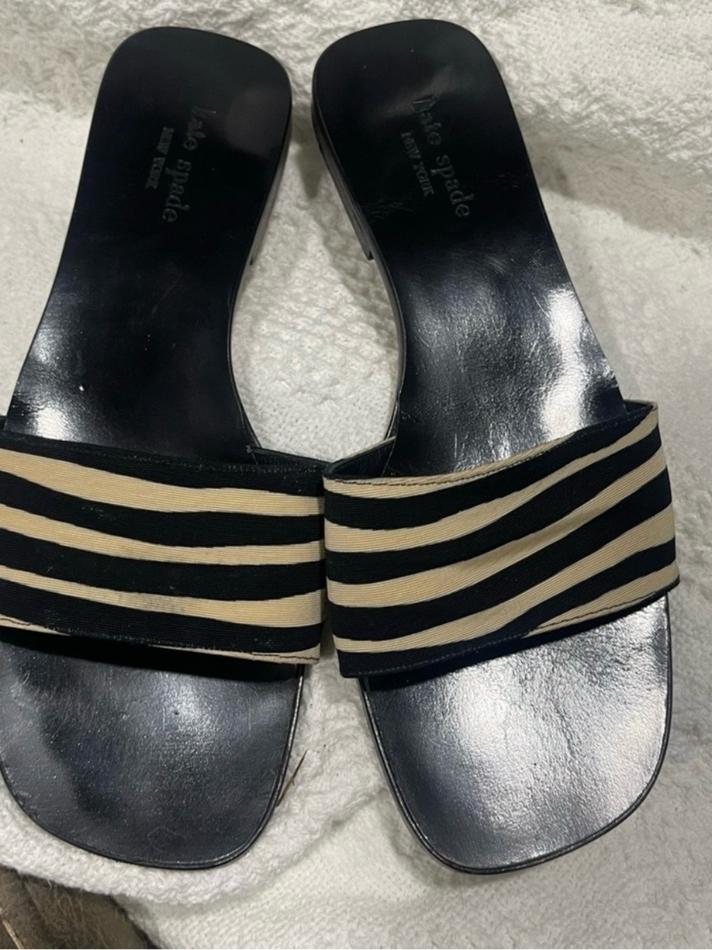 kate spade Black and Cream Striped Slide Sandals